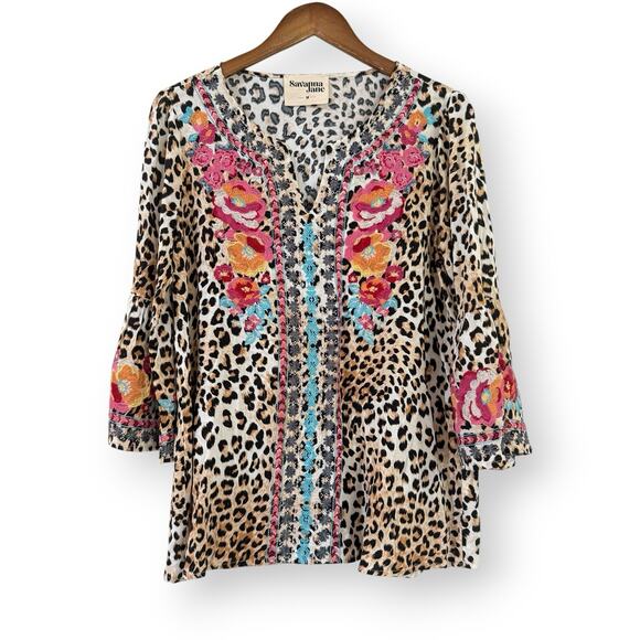 Savanna Jane Leopard Print Floral Embroidered V-Neck Bell Sleeve Tunic Size M - Picture 2 of 11